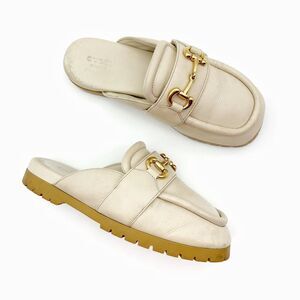GUCCI Airel Cream Beige Leather Mule Size 38 Horsebit Slip On Loafer